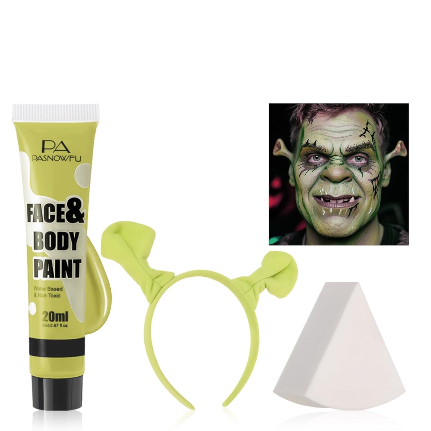 Halloween Makeup Kit for Shrek, Water-Based Non-Toxic Face Paint Set with Headband, Ogre Green Face Paint for Halloween Cosplay SFX Makeup, Costume Parties, Theatre,Stage Shows