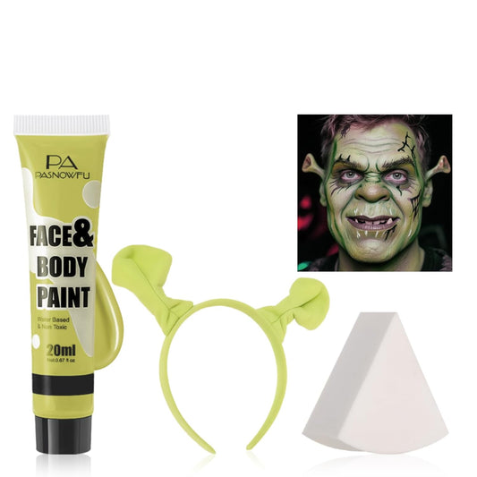 Halloween Makeup Kit for Shrek, Water-Based Non-Toxic Face Paint Set with Headband, Ogre Green Face Paint for Halloween Cosplay SFX Makeup, Costume Parties, Theatre,Stage Shows