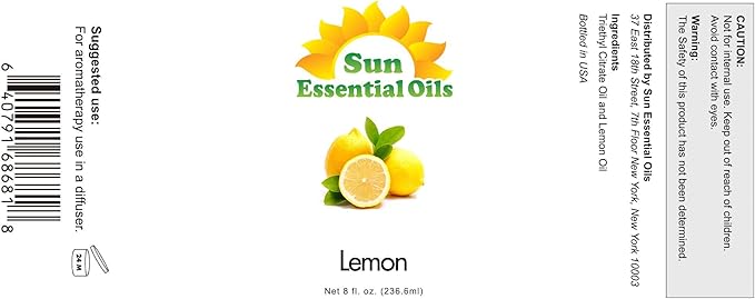 Sun Essential Oils - Lemon Essential Oil 8 oz for Cleaning, Diffuser, Humidifier & Aromatherapy Body Massage, Lemon Fragrance Scent for Home Candle Making with Dropper