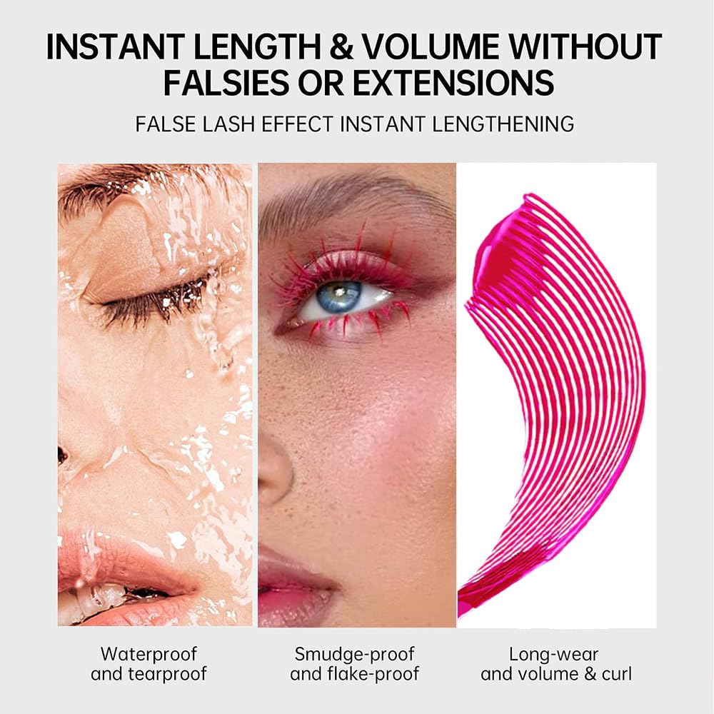 Colored Mascara for Eyelashes, Voluminous Colorful Mascara, Pink Purple Blue Green Red White Black Brown Lash Pack - Lengthening, Defining, Curling, Multiplying Formula (06#-Rose Pink)
