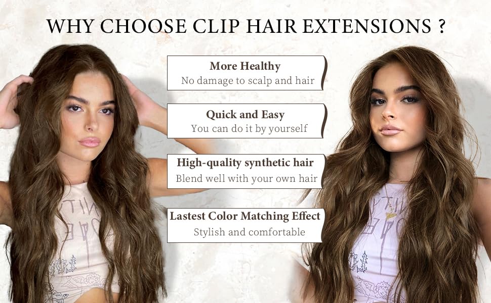KooKaStyle Clip in Synthetic Hair Extensions Long Wavy 4PCS Thick Hairpieces Chestnut Brown Fiber Double Weft Natural Hair Extensions 16 Inch for Women