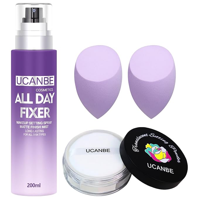 UCANBEMAKUP Long Lasting Makeup Setting Spray Kit- 6.76 Fl oz Hydrating Matte Finish Mist Lightweight Face Make up Fixer +Translucent Loose Setting Powder+2PC Sponge Puff Set