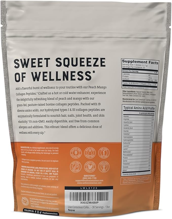 Live Conscious Collagen Peptides Powder - Peach Mango Flavored Collagen Powder - Hair, Skin, Nail, & Joint Support - Type I & III Grass-Fed Collagen Supplements for Women and Men - 30 Serving - 12.4oz
