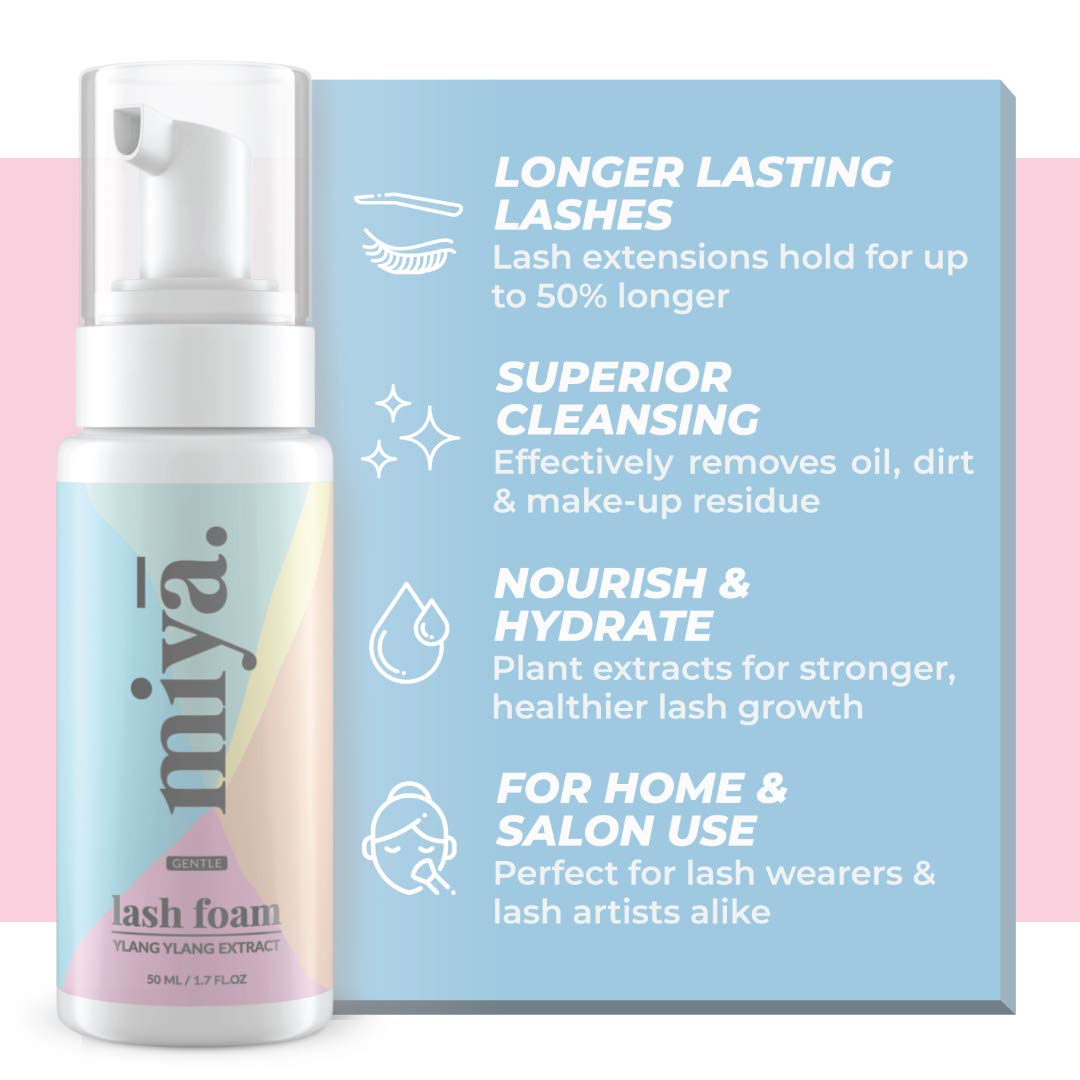 Eyelash Extension Cleanser + Rose Gold Mascara Wand & Brush | Eyelid Cleanser | Lash Bath | Paraben & Sulfate Free Makeup Remover Lash Cleanser for Extensions | Salon & Home | Miya Lash Shampoo 50ml