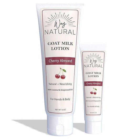 Goat Milk Lotion, Cherry Almond - Home & Away Set, Natural, Body/Hand - Goat Milk Hand Cream for Women and Men - Dry Skin Relief - Cherry Almond Lotion - 8oz & 2oz Travel Size Tube