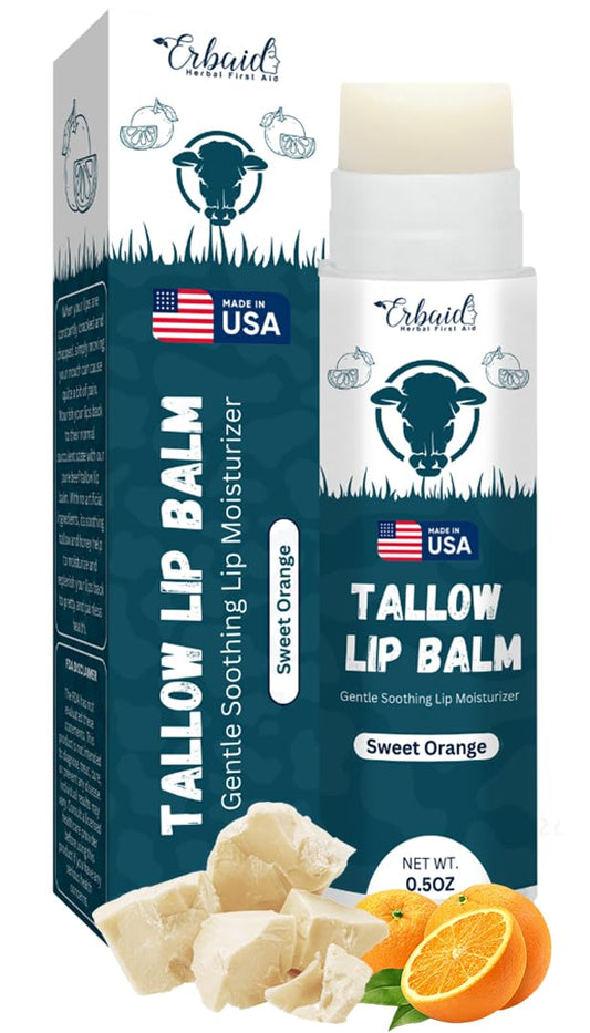 Beef Tallow Lip Balm – Natural Tallow Beeswax Chapstick – Hydrating Moisturizer Grass Fed Tallow Balm Lip Care – Soothes Chapped, Dry Lips, Sensitive Skin – Long Lasting Vitamin Rich USA-Made Orange