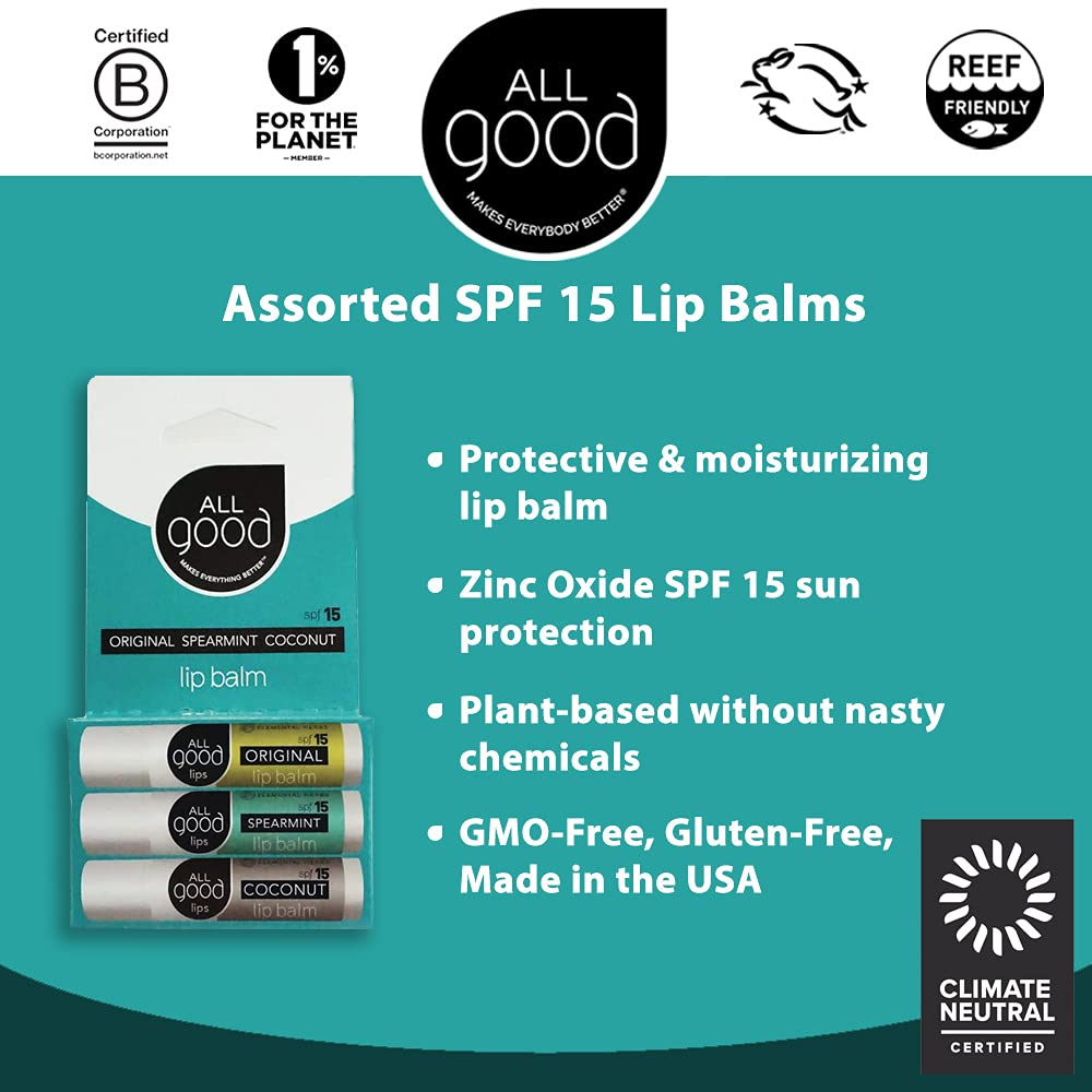 All Good Organic SPF15 Lip Balm - Hydrating Lip Care with Olive Oil, Beeswax, Calendula, Lavender, Vitamin E - Lip Moisturizer with Zinc Oxide Protection - Original, Spearmint & Coconut (3-pack)