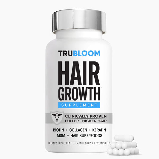 Tru Bloom Hair Growth Vitamins - 1 Month Supply. Clinically Proven to Grow Fuller, Thicker Hair. Drug-Free with Biotin, Collagen, Keratin, MSM, Zinc, D3 + Hair Superfoods