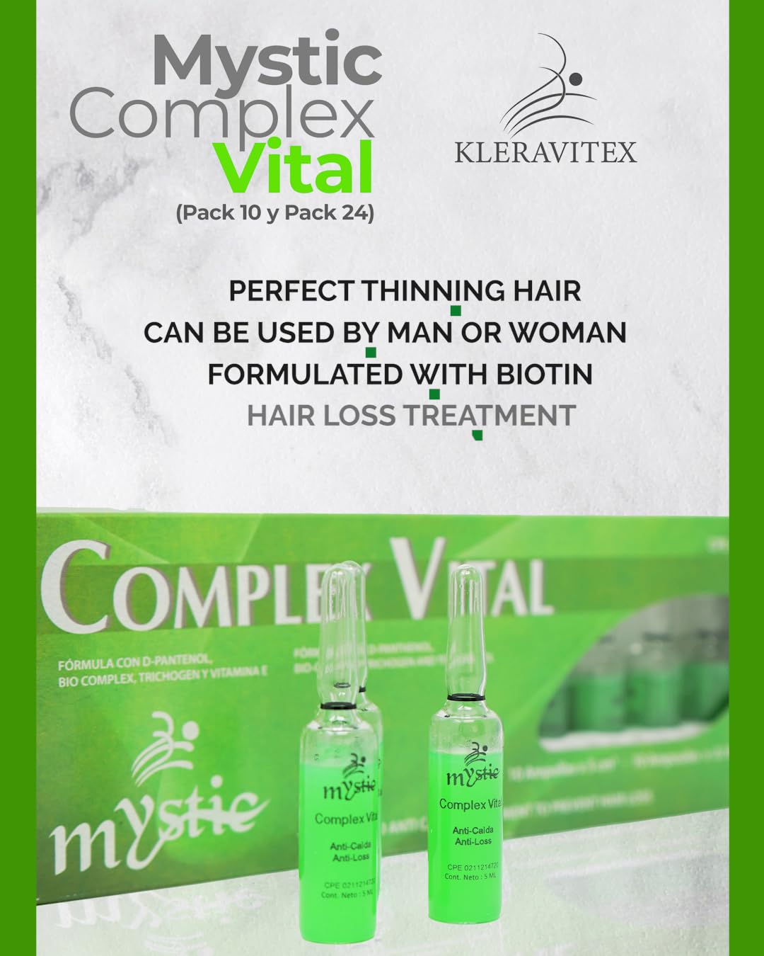Mystic Complex Vital Ampoules For Hair Loss and Thinning - Regrowth Treatment With Biotin Bio-Complex and Tocopherol (Pk.24)