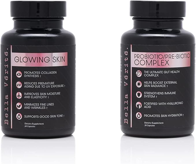 Bella Vérité. Probiotic/Prebiotic Complex for Women and Glowing Skin Collagen Boosting Complex Bundle, Vegan Skincare Set, 30 Day Supply