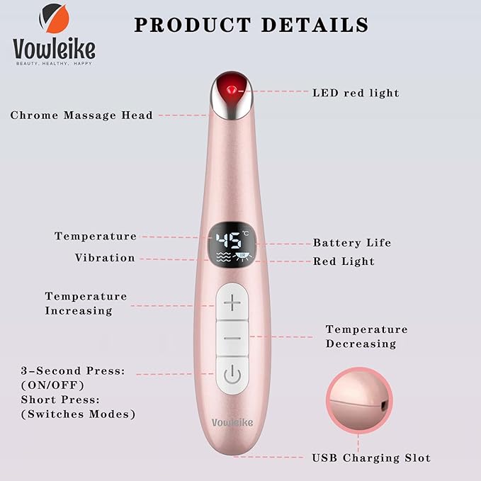 Eye Lift Wand, 3 in 1 Vibrating 98°F to 113°F LCD Eye Massager for Dry Eyes, Dark Circles and Puffiness, Face & Neck Lifting Tool for Fine Lines and Wrinkles, Rose Gold