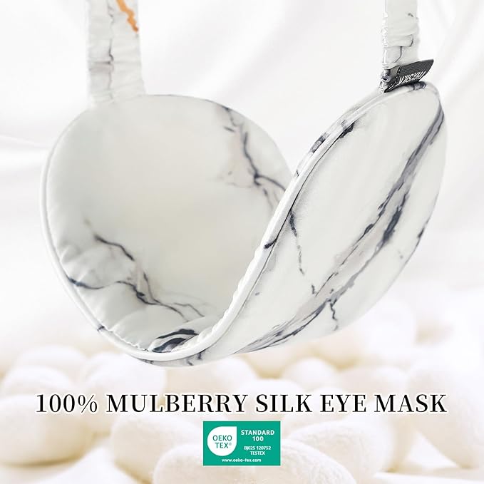 THXSILK Sleep Mask 100% 19 Momme Pure Mulberry Silk Super Smooth Cooling Decorative Sleep Eye Mask Blackout Eye Cover with Wide Head Strap, Marble-White