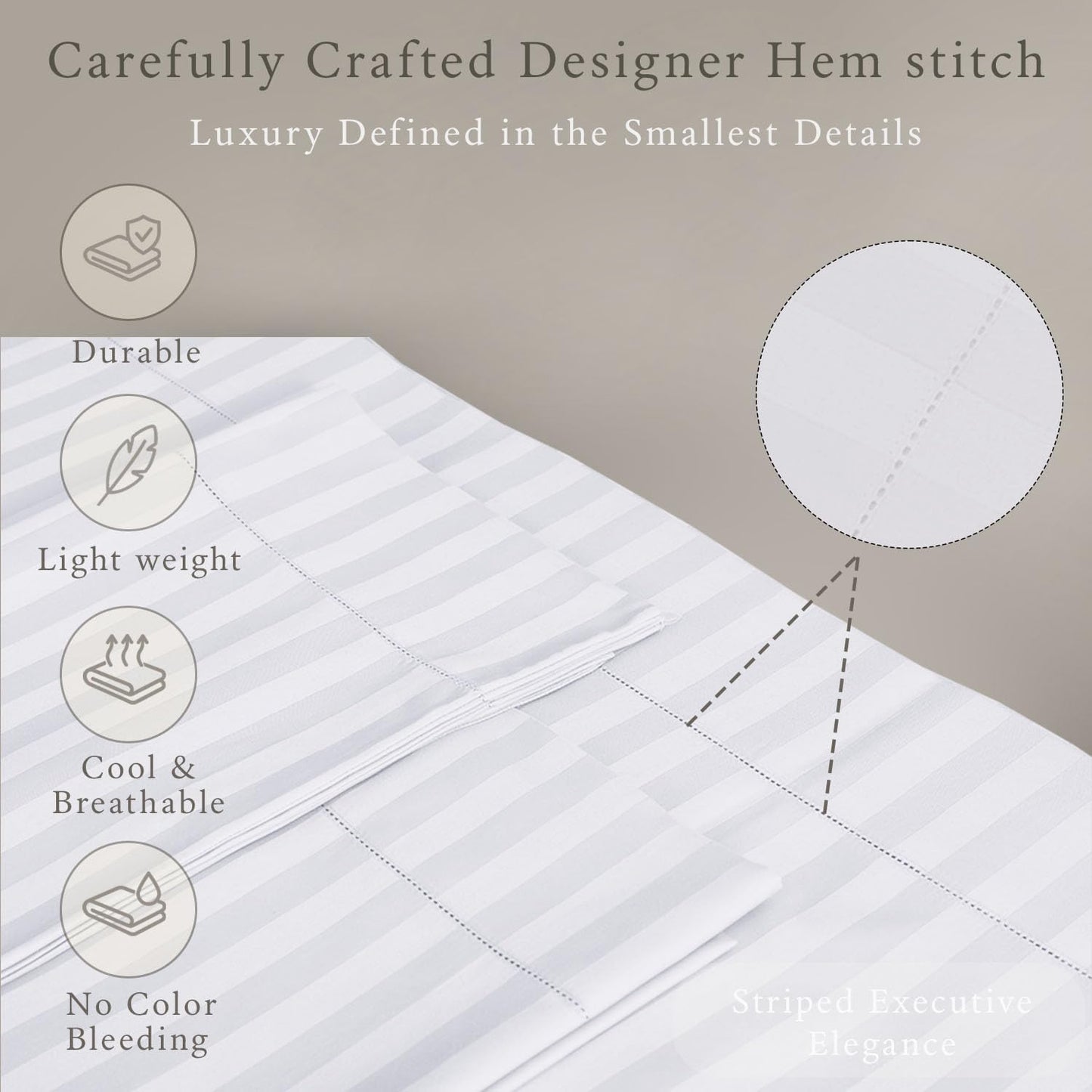 Threadmill 500 Thread Count Twin-XL Size Damask Stripe, 3 Pc Luxury Cotton Bed Sheet Set, Breathable Hotel White Sheets with 15" Elasticized Deep Pocket, 1 Pillowcase & Free Tote Bag