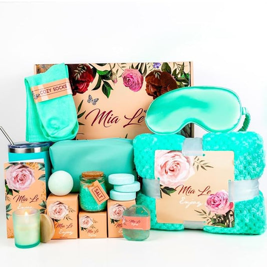 16 pcs Luxury Relaxing Spa Gift Basket Set - Perfect for Birthdays, Christmas, Get Well, Thank You, Bridal Shower, Gifts for Women & Men. Includes Bath Bombs (16 pcs, Turquoise)