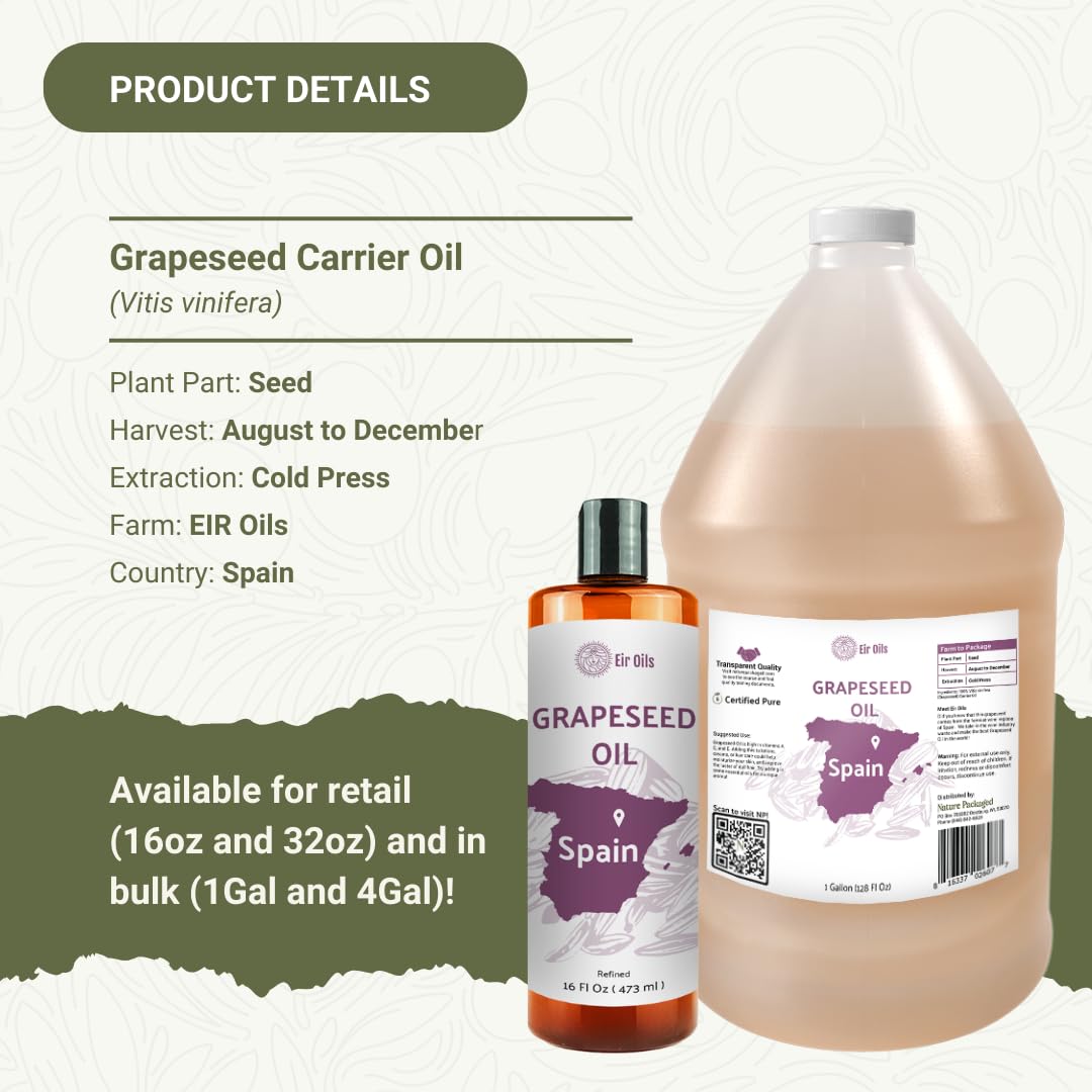 Grapeseed Oil - Pure Grapeseed oil for Skin - 100% Pure Carrier Oil for Hair, Face, and Skin - Direct from EIR Oils in the Beautiful Spanish Countryside (16 oz)