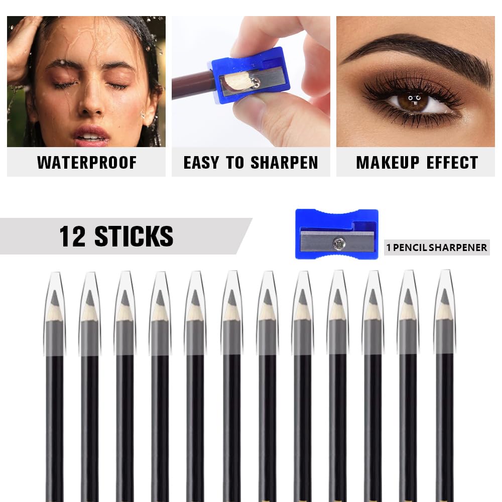 12Pcs Long Eyebrow Pencils Set - Black Natural Look, for Eyebrows & Eyeliner, Waterproof & Sweat-Proof Wooden Hard-Core Brow Pencil with Sharpener, Long Lasting Makeup Kit for Beginners 100#