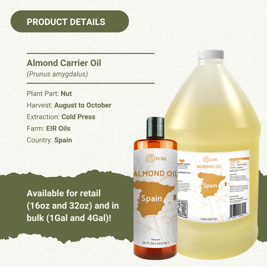 Sweet Almond Oil - for Skin and Hair - Carrier Oil for Essential Oils Mixing - From EIR Oils' Farm in Mallorca, Spain - 1 Gallon