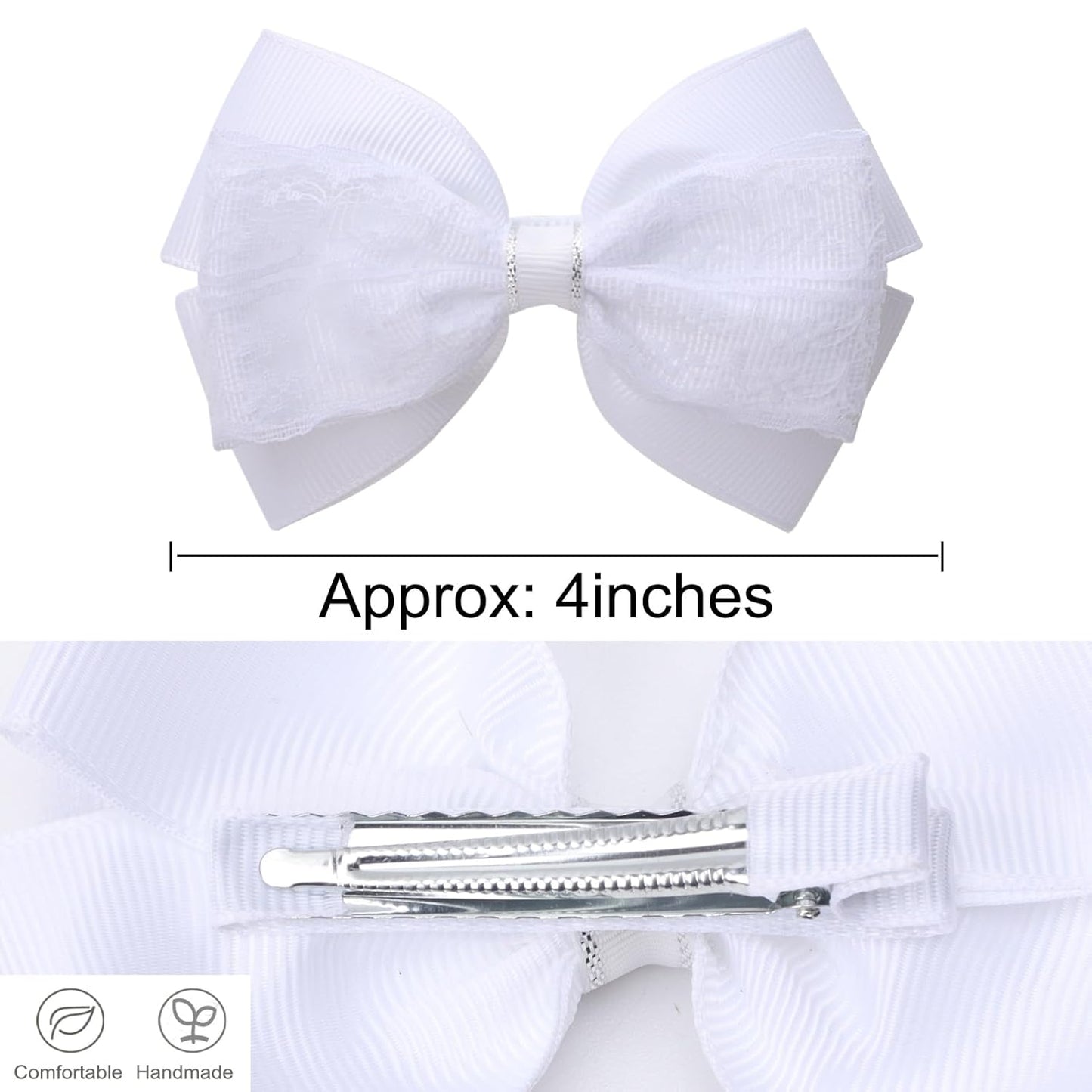 4-Inch Hair Bows Alligator Clips Delicate Lace Hair Accessories for Girls, Toddler, Kids and Women Daily Dress Up Birthday Wedding Christmas Occasions- Set of 2 (White)