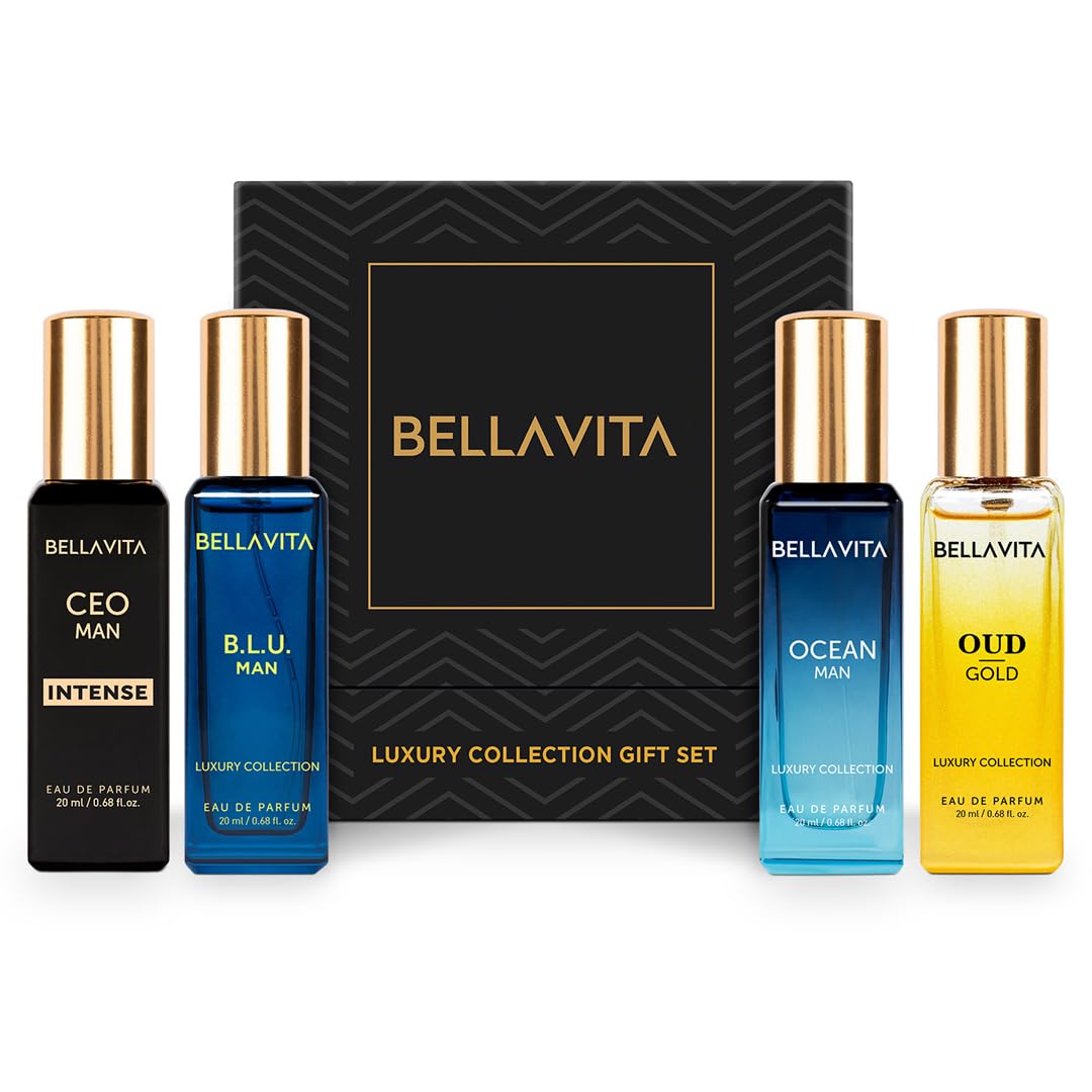 BellaVita Luxury Collection Eau De Parfum Gift Set (4x20ml) | Premium Unisex Perfume Set | Notes of Aqua, Musk, Amber and Bergamot | Includes OUD GOLD, OCEAN, B.L.U. & CEO Intense | Perfume Gift