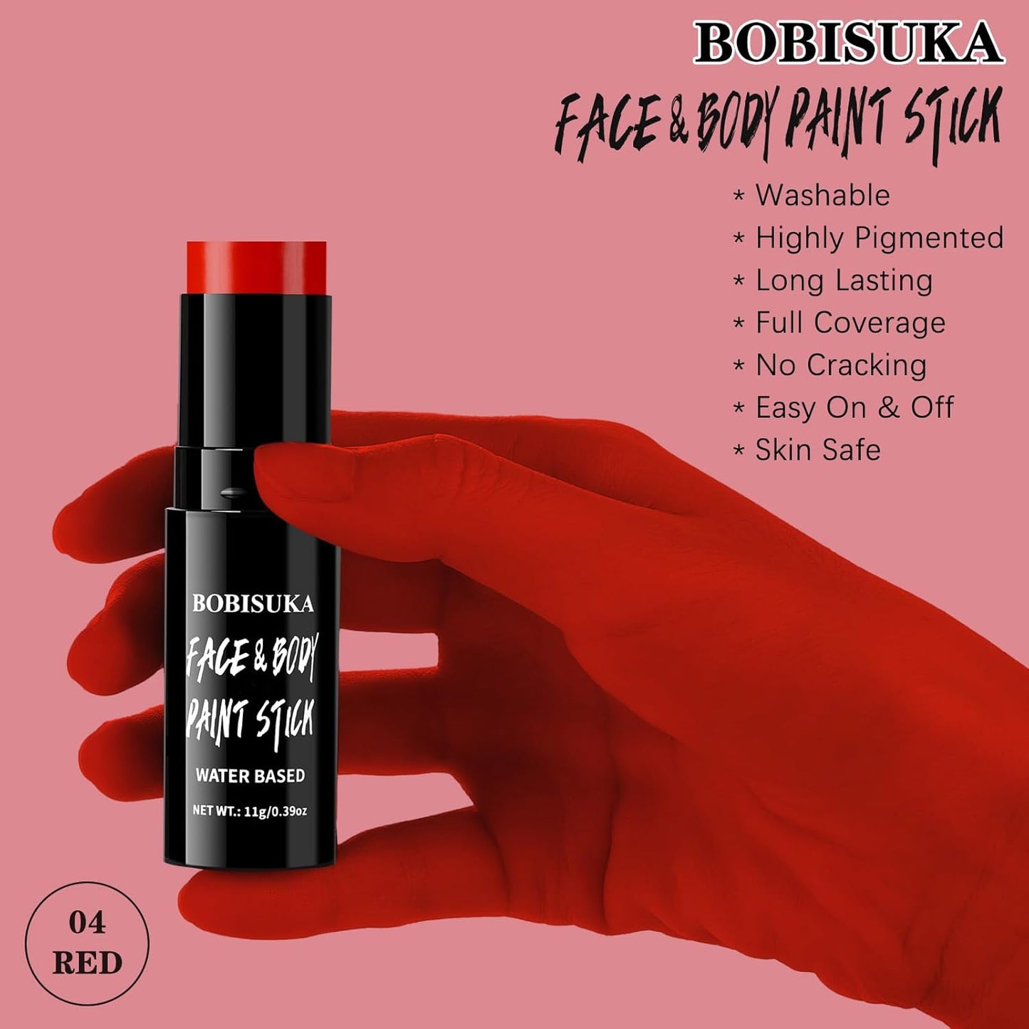 BOBISUKA Red Face Body Paint Stick Washable Water-Based Face Paint Makeup Stick for Halloween Clown, Joker, Goth, Devil, Skeleton, Skull, Cosplay, SFX, Sports Eye Black & Costume Party