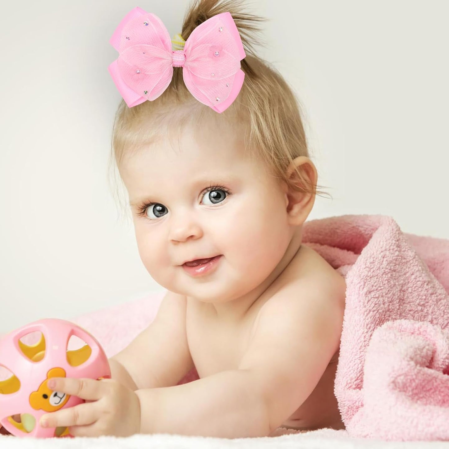 KISZU 4.5 Inch Flower Hair Bow Clips, Organza Bows with Pearls Big Hair Accessories for Baby Girls Kids Children Teens and Women (Hot Pink)