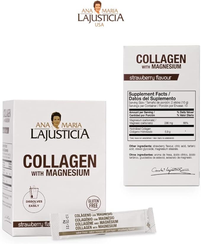 Ana Maria Lajusticia - Collagen + Magnesium Powder Sticks. Strawberry Flavour - Travel Pack. Hydrolized Collagen for Healthy Skin, Bones, Nails and Joints. Dairy, Gluten and Sugar Free.