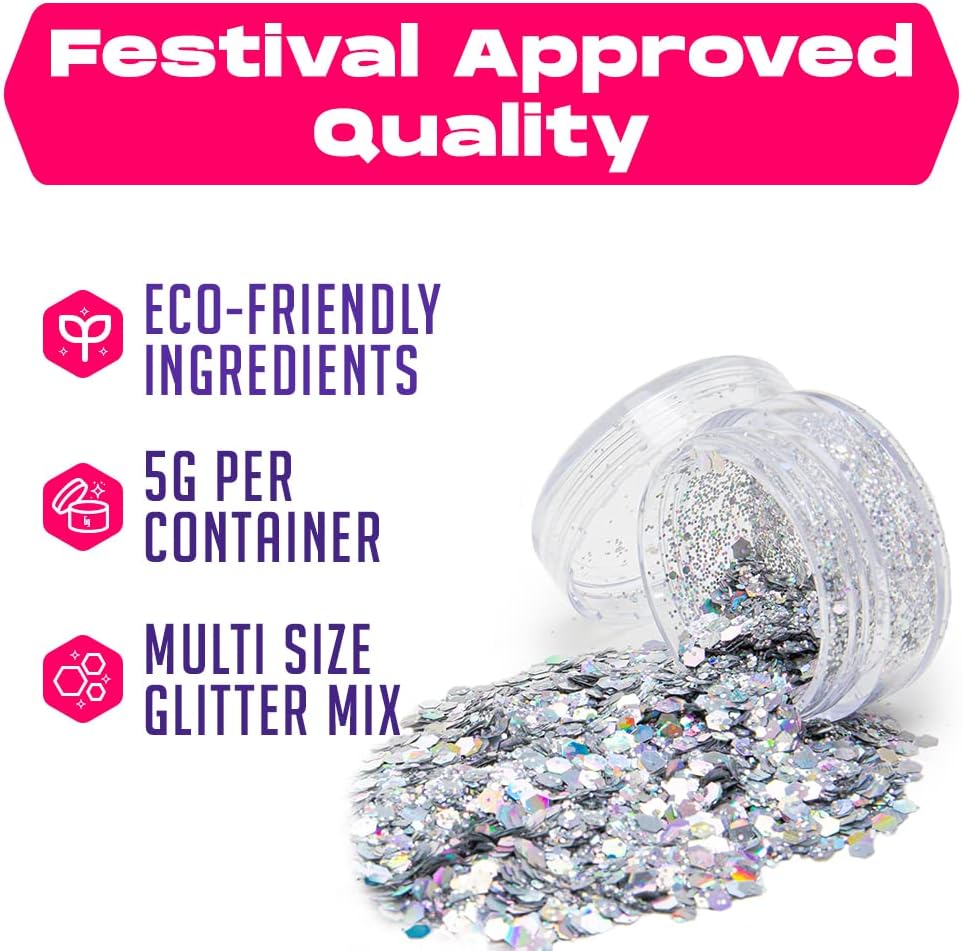 Silver Biodegradable Glitter Makeup | Plant Based, Eco Friendly, Hair Glitter, Face Glitter or Body Glitter | Cosplay, EDM, Music Festival and Rave Makeup Accessory | 5 Grams of Chunky Glitter