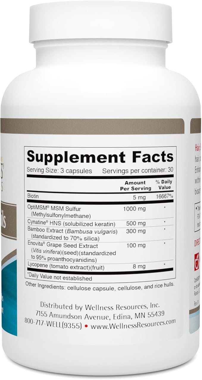 Wellness Resources Hair, Skin & Nails with Biotin, Cynatine HNS Keratin, OptiMSM, Bamboo & Grape Seed Extract – Supplement for Stronger Nails, Healthier Hair & Youthful Skin (90 Capsules)