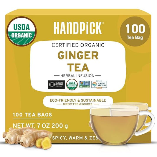 HANDPICK, Organic Ginger Tea Bags (100 Herbal Tea Bags), Caffeine Free & 100% Pure Ginger Root |Soothing & Spicy Blend | Round Eco Conscious Teabags