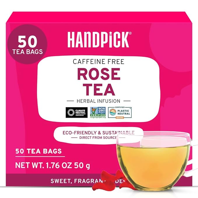 HANDPICK, Rose Buds Herbal Tea Bags - 50 Count | Caffeine Free Tulsi Tea with Chamomile & Rose Extracts | Floral & Smooth | Round Eco-conscious Tea Bags
