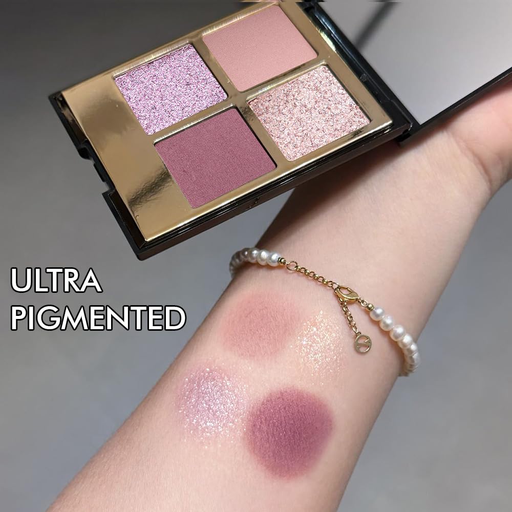 Eyeshadow Quad Makeup Palette – 4 Shades of Nude, Pink, Purple, Champagne Gold Tones, Blendable Matte & Shimmer, Long-Lasting Waterproof, Perfect for Mature & Young Women, with Built-In Mirror 03#