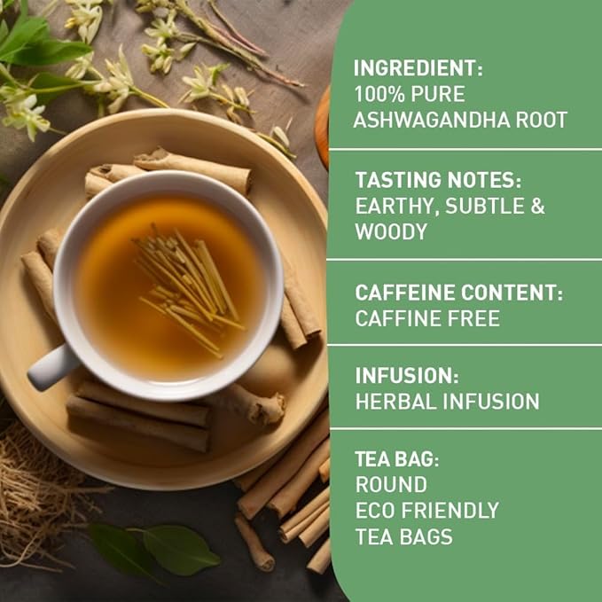HANDPICK, Ashwagandha Root Tea (100 tea Bags) - Herbal Supplement - For Health & Wellbeing - With Antioxidants & Minerals - Caffeine Free, Gluten Free, Packed in Ecofriendly Tea Bags