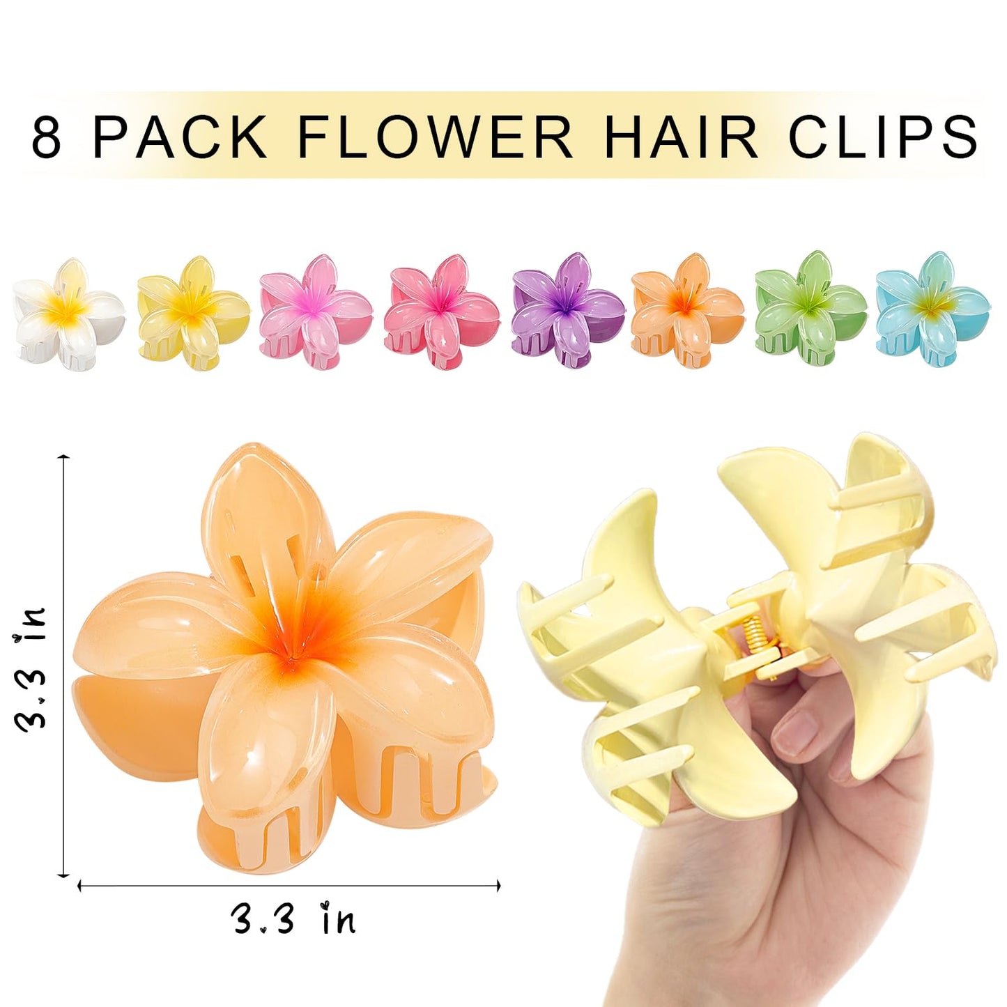 Flower Hair Clips for Women, 8 PCS Hawaiian Claw Clips for Vacation Hibiscus Hair Claw Clips Cute Large Hair Clips for Thick and Thin Hair Plumeria Hair Accessories
