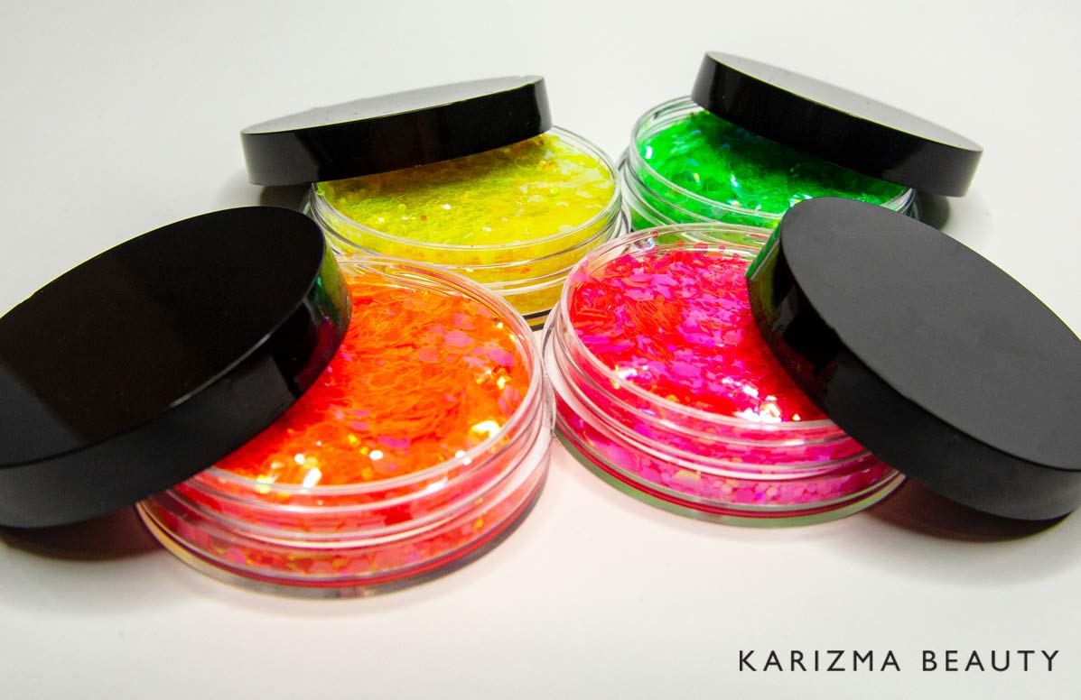 KARIZMA Neon Nights! 4x 10g Chunky Face, Hair, Eye & Body Glitter Set - Neon Yellow, Pink, Orange, Green - Festival, Rave & Event Glitter