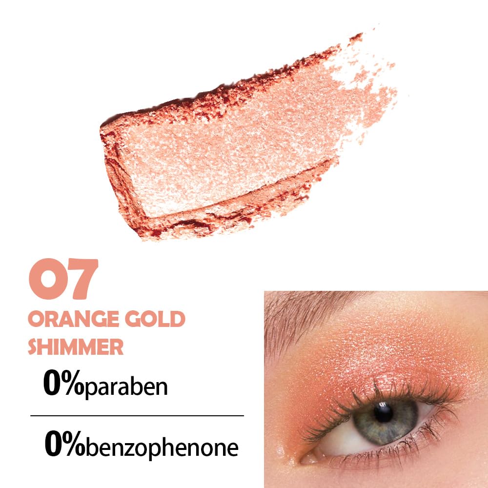 Eyeshadow Single Glitter, High-Pigment Monochrome Eye Shadow Pressed Powder, Everyday Velvety Silky Eye Makeup Looks, Professional Long-Lasting Waterproof Single Eyeshadow Palette, Orange Gold 07