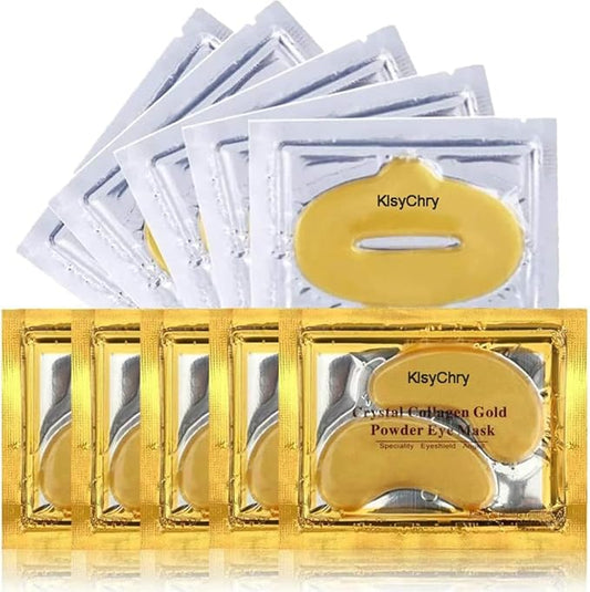 24K Gold Gel Crystal Collagen Lip and Eye Mask, 5 Pairs Gold Eye Mask Pads and 5 Pcs Gold Lip Patches for Moisturizing, Anti Wrinkle, Anti Aging, Hydrating Lips and Eyes