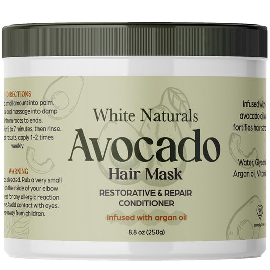 White Naturals Avocado Hair Mask Infused with Biotin for Growth and Volume, Deep Conditioning Cream for Healthy Hydrated Thick Hair, Nourishing Avocado Oil Cream to Help Restore Damaged Tips