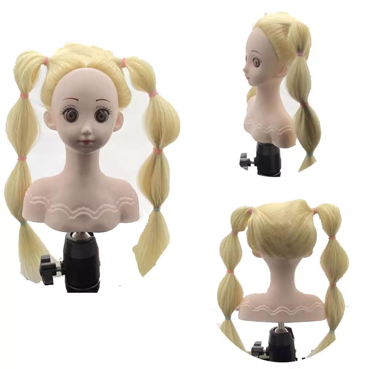 Small Doll Head For Hair Styling,Mini Synthetic Mannequin Head,Doll Head With Clamp Holder & Tools, Practice Doll Head For Hair Braiding,Styling and Cutting with Two Bows (Blond)