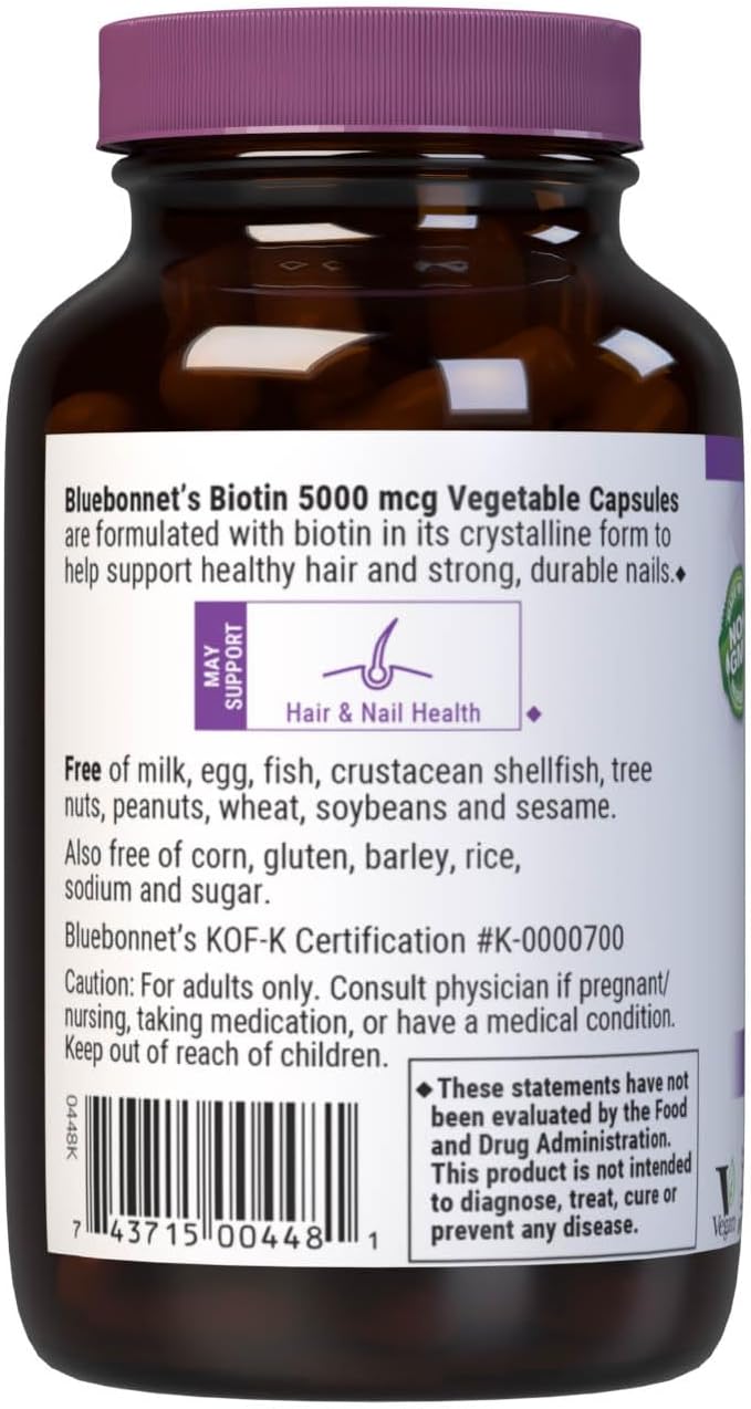 Bluebonnet Nutrition Biotin 5000 mcg, Hair & Nail Support*, Non-GMO, Vegan, Kosher Certified, Gluten-Free, Soy-Free, Dairy-Free, 120 Vegetable Capsules, 120 Servings