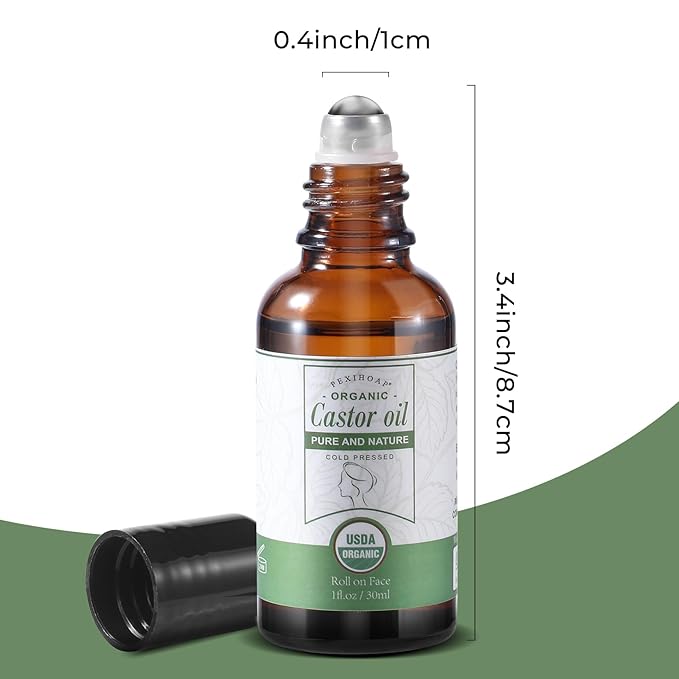 Castor Oil Roll on for Face Eye Hair Scalp Eyebrow, Under Eye Roller, Certified Organic Cold Pressed Body Castor Oil Roller Stick Glass Bottle