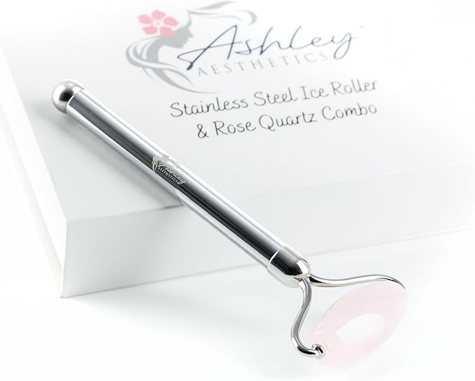 Stainless Steel Ice Roller & Rose Quartz Facial Set | Luxury Skin Care Tools for Lymphatic Drainage, Product Absorption, Skin Tightening, & Relaxation