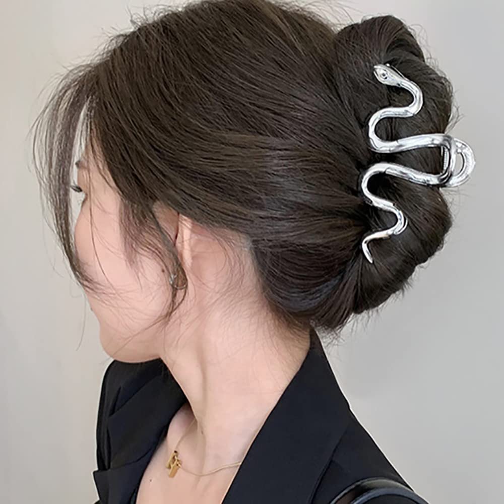 AIUPUOC Large Metal Silver Snake Accessories: Elegant Thick Hair Clips, Barrettes, Banana Hairpins for Women & Girls - 2Pcs