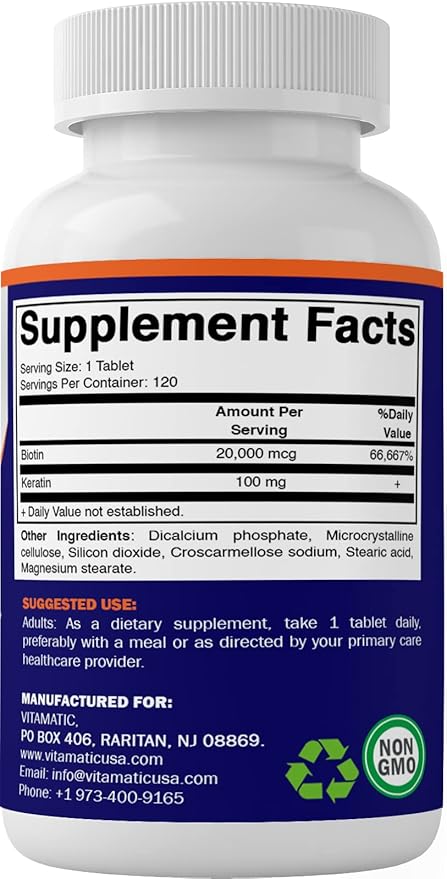 Vitamatic High Potency Biotin 20000 mcg (20mg) with Keratin 100mg - 120 Vegetarian Tablets - Biotin Supplements for Healthy Hair Skin & Nails for Adults (120 Count (Pack of 1))