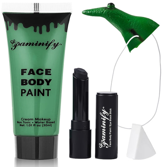 Halloween Green Witch Makeup Kit,1.01oz Water Based Green Face Body Paint+Witch Fake Nose+Black Eye black+Sponge,Elphaba Cosplay Costume for Kids & Adults,Safe Face Painting SFX Makeup Kit