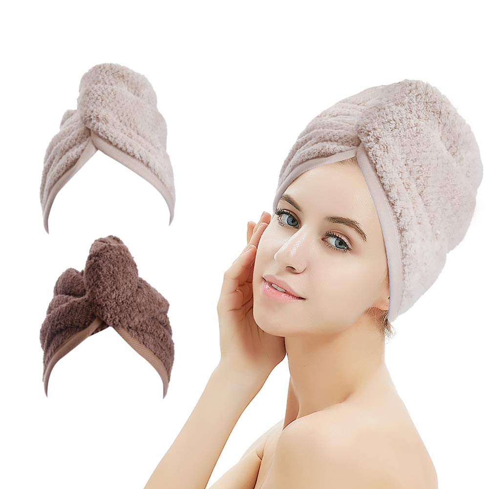 2 Pack Hair Drying Towels,Hair Wrap Towels,Absorbent Microfiber Hair Towel Turban with Button Design to Dry Hair More Quicker（Khaki&Coffee）