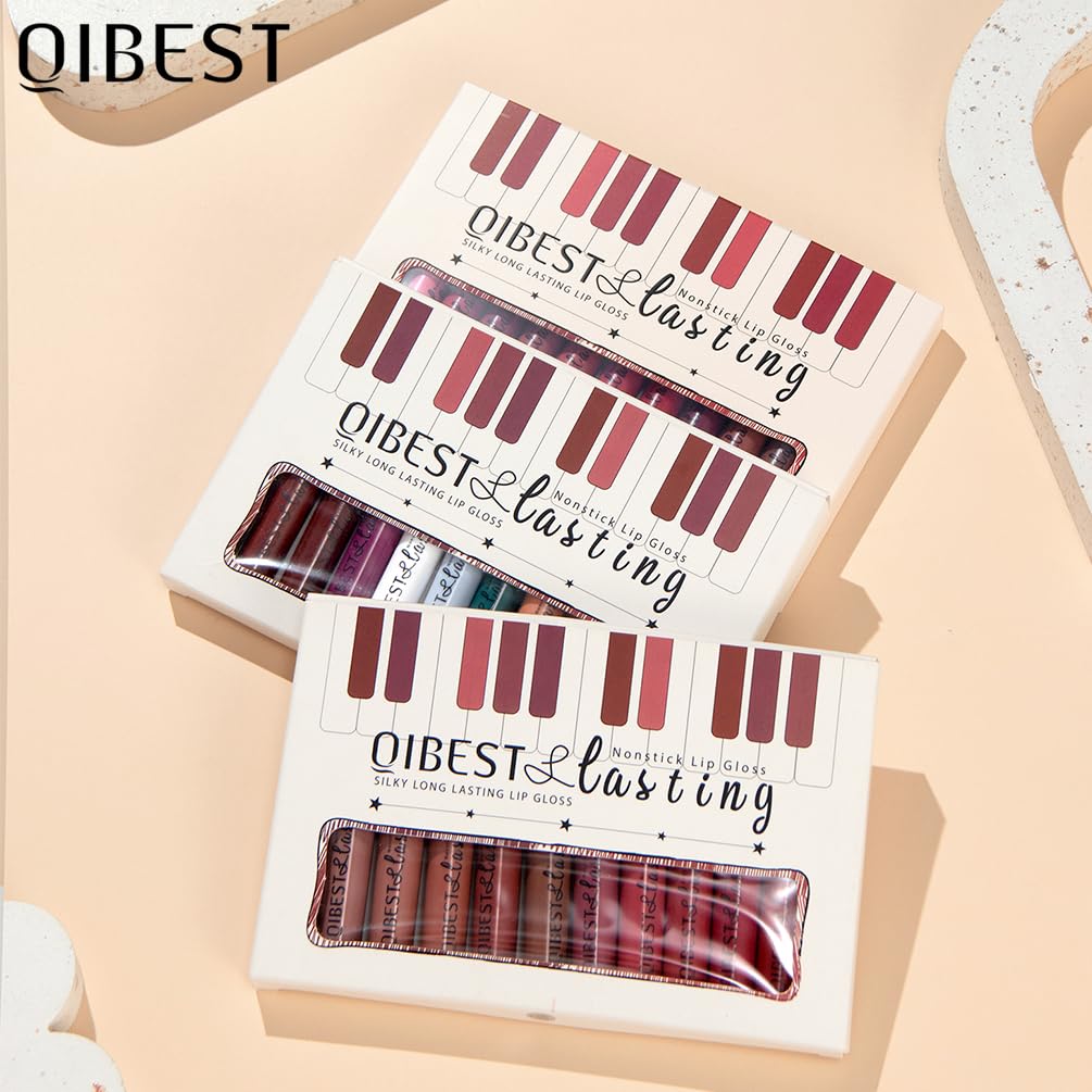 QiBest 12Pcs Velvet Matte Liquid Lipstick Makeup Sets for Women & Teens Gift, Waterproof Long Wear 24 Hours Nudes Burgundy Red Brown Lip Stain Kits, Non-Stick Cup Mate 24 Horas Lip Gloss Holiday Set
