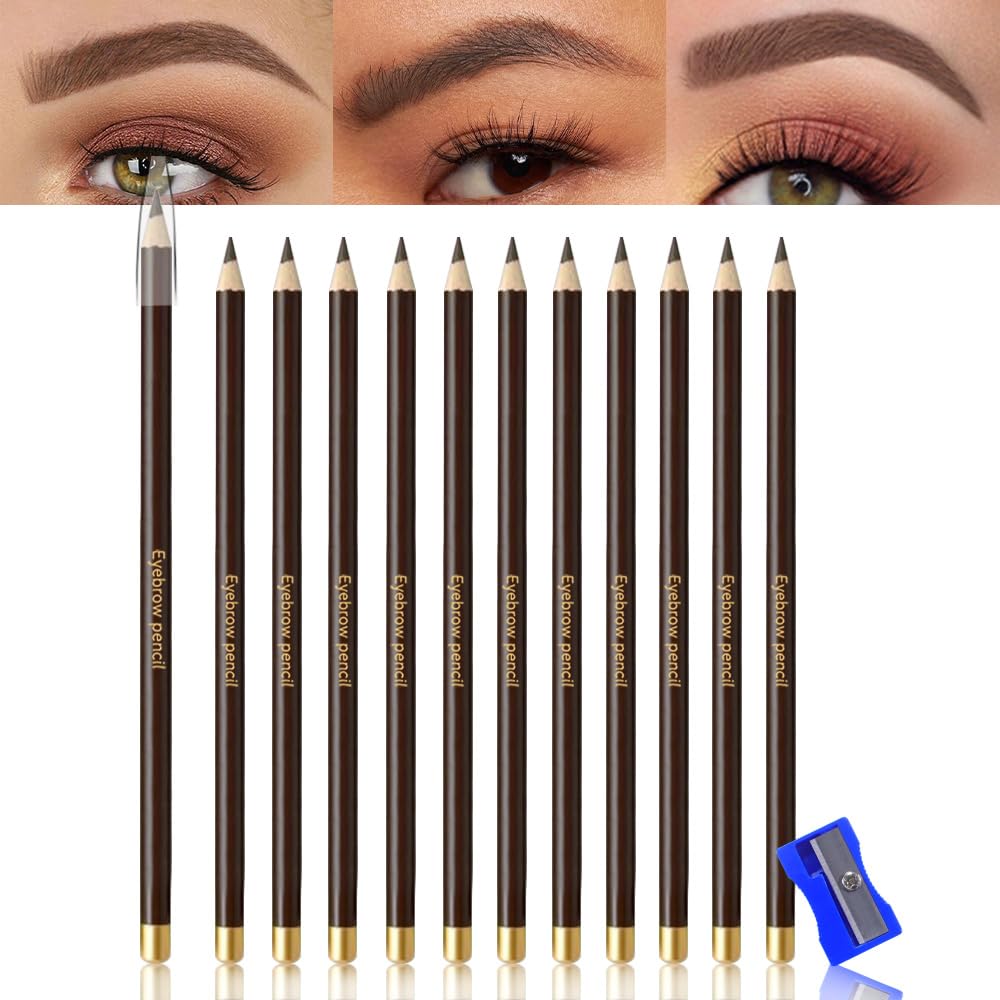 12Pcs Long Eyebrow Pencils Set, Dark Coffee Natural Look,for Eyebrows & Eyeliner,Waterproof & Sweat-Proof Wooden Hard-Core Brow Pencil with Sharpener,Long Lasting Makeup Kit for Beginners 102#