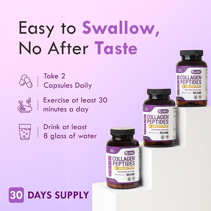 Collagen Peptides for Women with Colostrum, Biotin and Keratin - Type I, II, III, V, X - 5X Higher Absorption - Hair Skin and Nails Vitamins - Collagen for Women - Collagen Pills - 60 Capsules