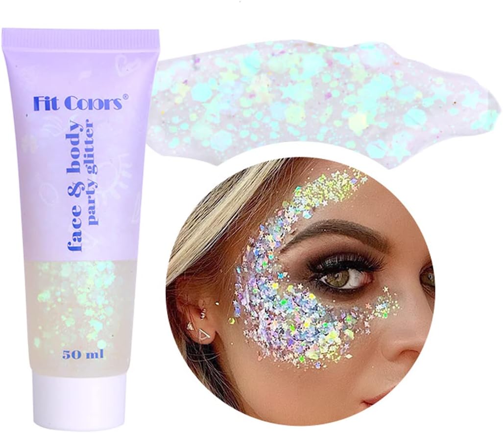 MEICOLY 2pcs Clear White Face Body Glitter,Mermaid Face Glitter Gel,Singer Concerts Festival Rave Accessories,Chunky Sequins Glitter Face Paint for Women and Kids,Sparkling Glitter Makeup