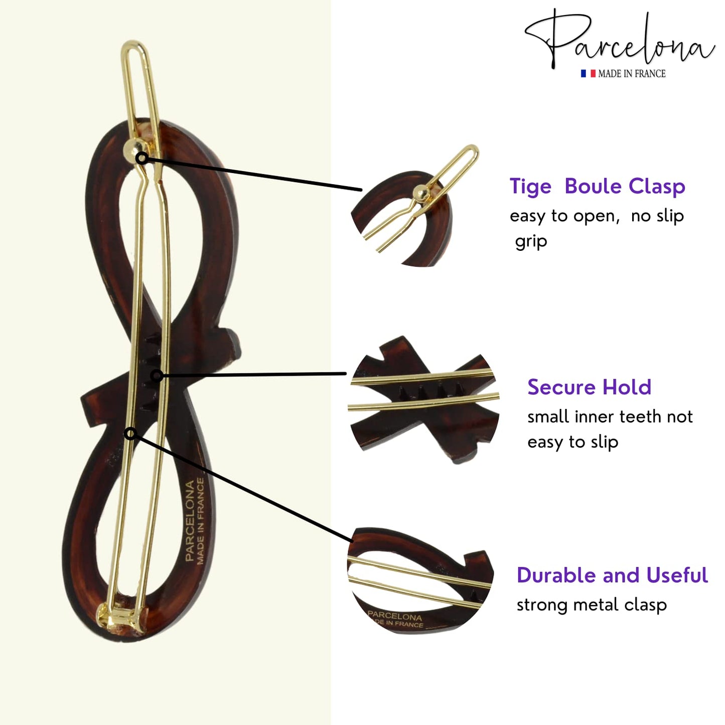 Parcelona French Ribbon Knot Infinity 2 1/4" Small Celluloid Acetate Hair Clips with Tige Boule Clasp Set of 2 Fashion Durable Styling No Slip Grip Women Hair Accessories Girls Side Slide-in Barrette Clip ,Made in France (Tortoise Shell)